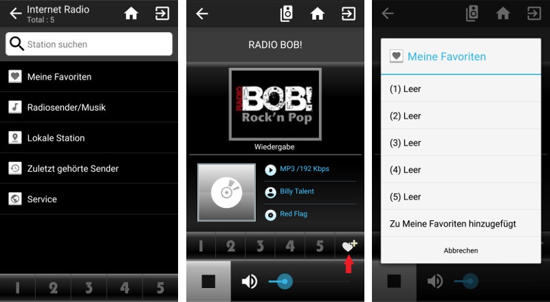 Die Orientierung innerhalb der App ist sehr intuitiv und ermöglicht das schnelle Abspeichern der Lieblingsradiosender in einer Favoritenliste (s.roter Pfeil).