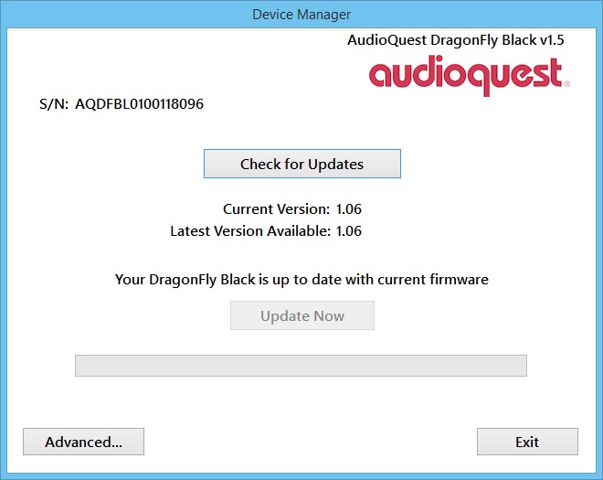 Mit der kostenlosen Software „AudioQuest Desktop Manager“ können zukünftige Firmware-Updates ganz einfach auf den DragonFly Black übertragen werden.