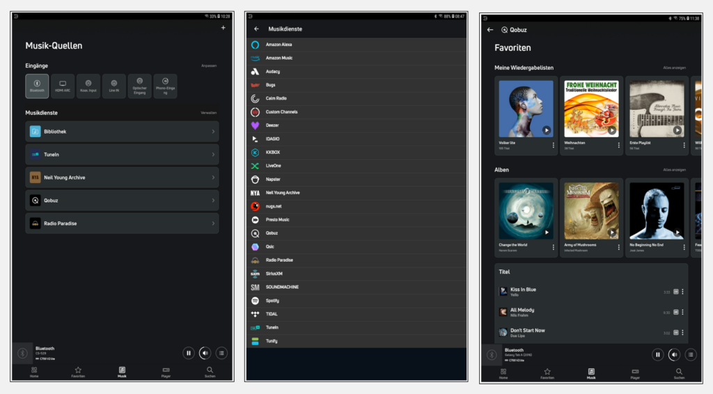 Die BluOS-App macht das Musikmanagement einfach: Auf die Bedienoberfläche werden die Eingänge und die Musikdienste gelegt, die man nutzt (Bild 1). Die Liste der einbindbaren und verfügbaren Dienste ist groß: Sie reicht von bezahlpflichtigen Angeboten wir Spotify oder Tidal bis zu den frei zugänglichen Radio-Angeboten wie TuneIn. Auch ausgefallenere Dienste wie das Neil Young Archive sind vertreten (Bild 2). Wer einen Musikdienst abonniert hat (hier etwa Qobuz), kann die auf das komplette Angebot inclusive der bereits angelegten Wiedergabelisten zurückgreifen (Bild 3).